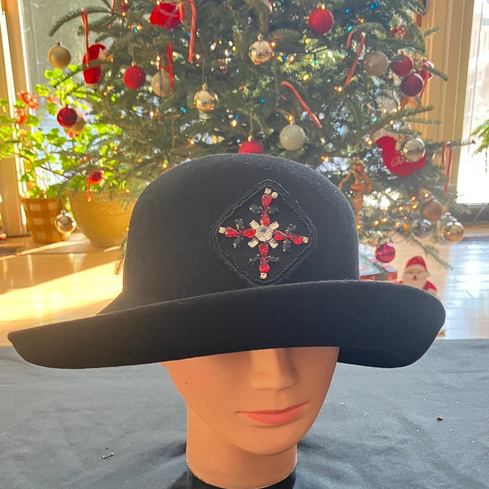 Black Wide-Brim Hat with Embellished Patch